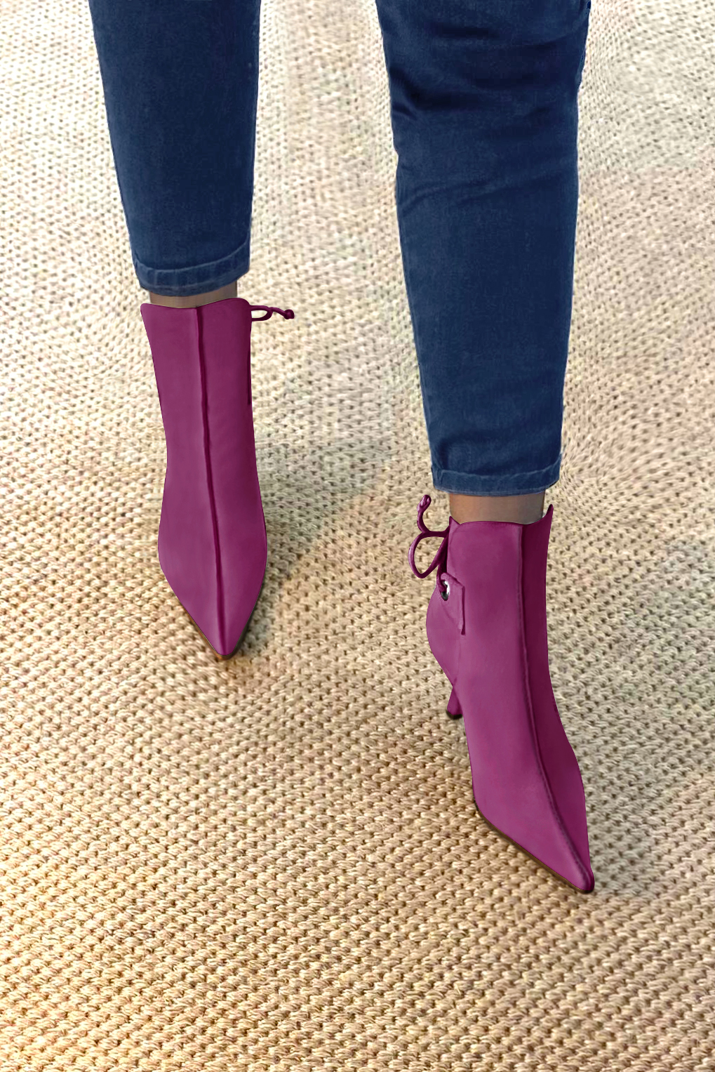 Mulberry purple women's ankle boots with laces at the back. Pointed toe. High slim heel. Worn view - Florence KOOIJMAN